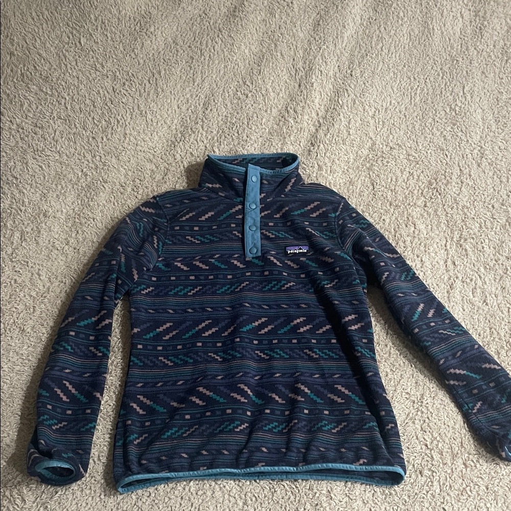 Patagonia Navy Fleece Pullover with Teal and Light Pink Accents